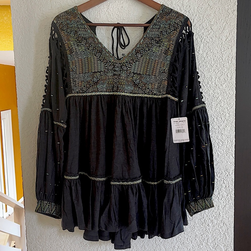Much Love Embroidered Cotton Tunic In Washed Black